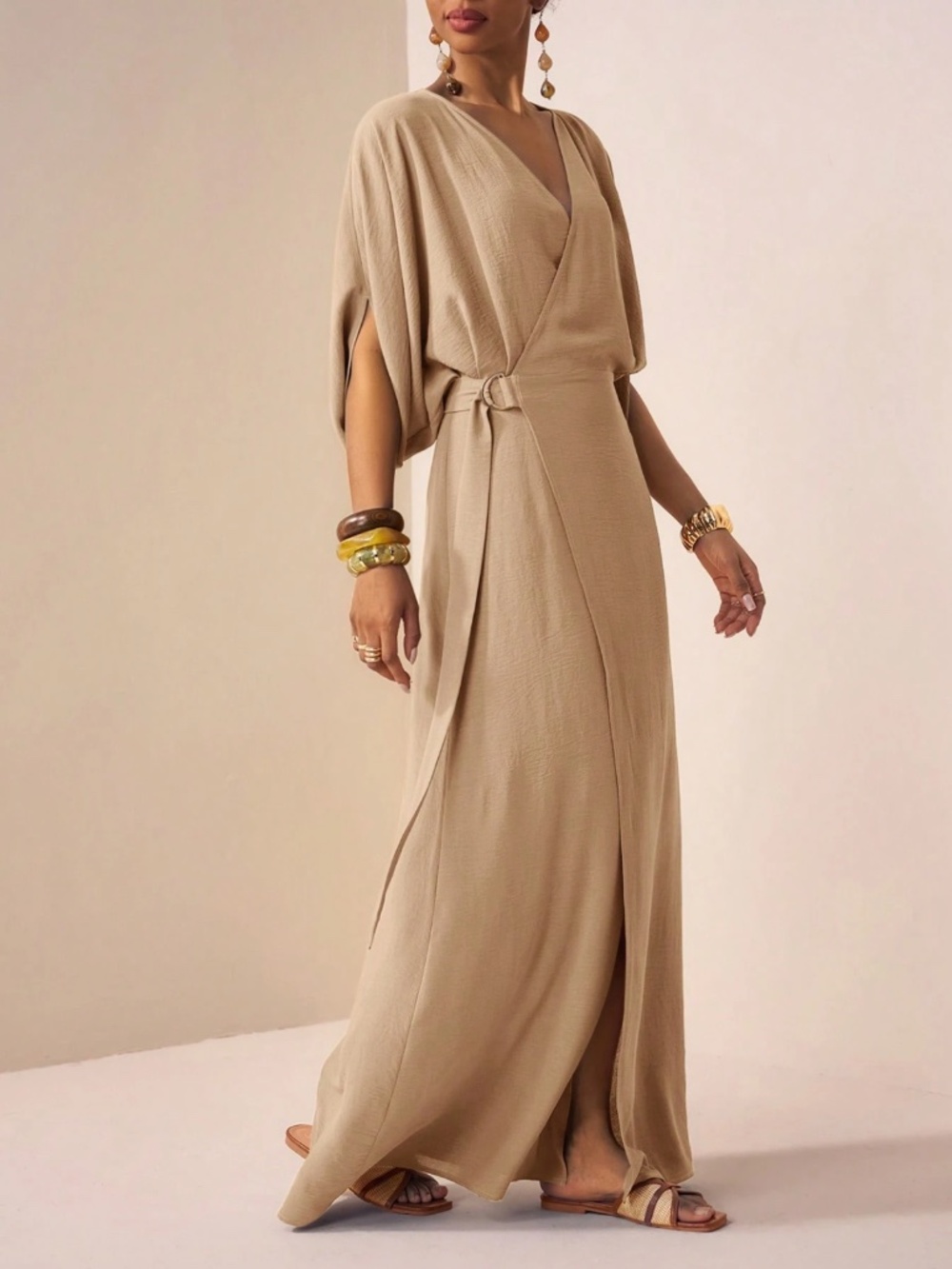 SHEIN XL Peachy Beige Wrap Dress Dolman Sleeve